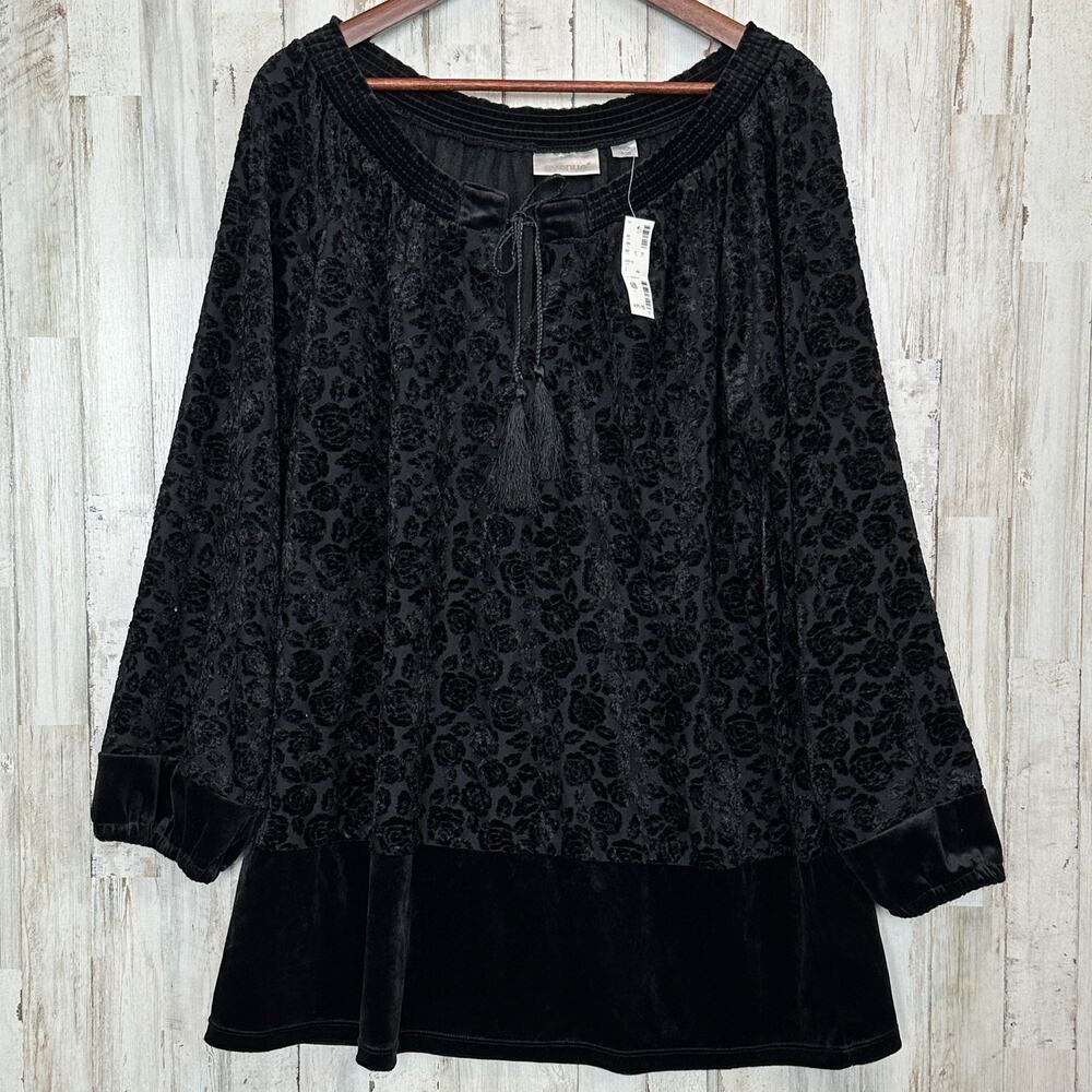 NEW Floral Burnout Velvet Top 2X Black Semi Sheer Whimsigoth Romantic Fairy